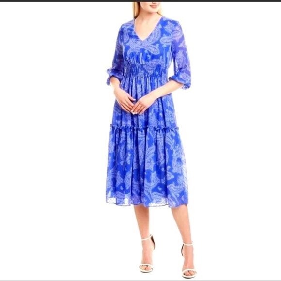NWT JUST TAYLOR Forget Me Not Paisley Midi Dress Cobalt Chiffon 16 - Picture 1 of 8